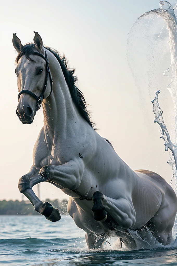Strong water splash in shape of horse, on solid white background