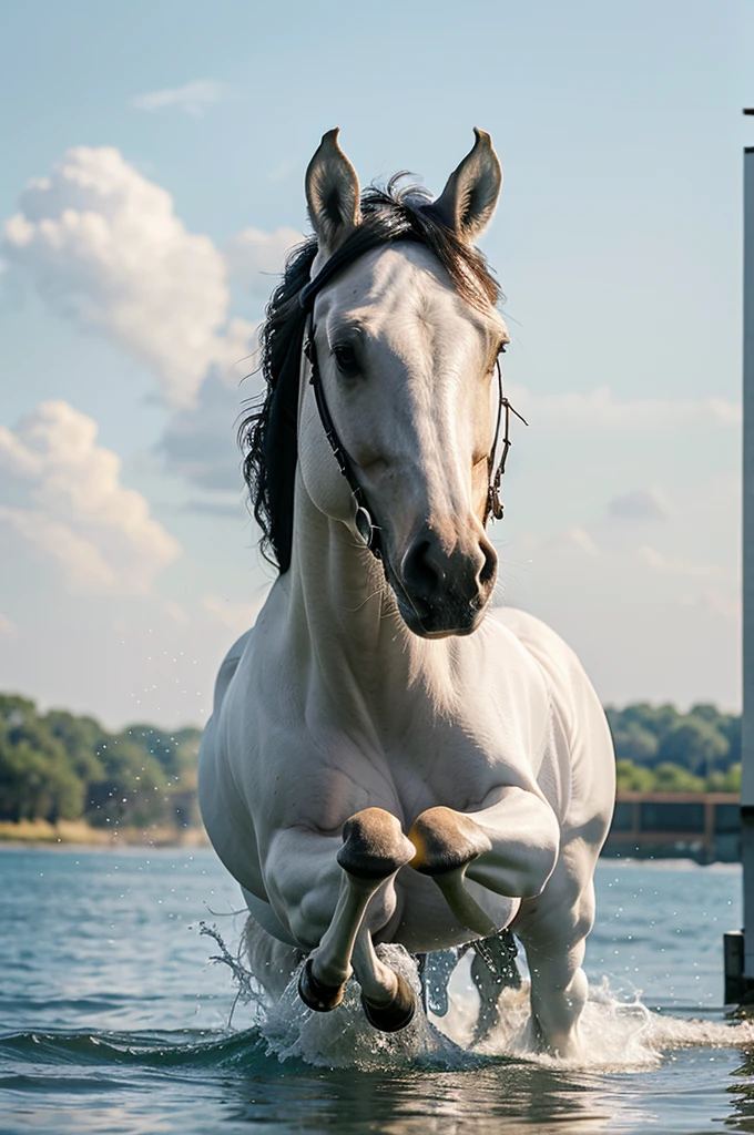 Strong water splash in shape of horse, on solid white background