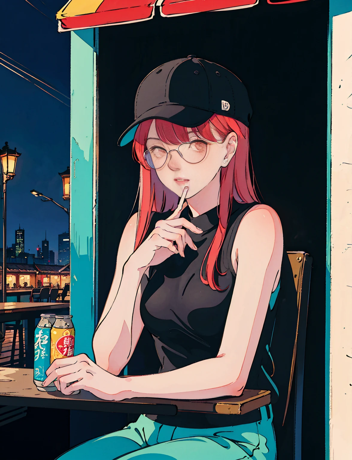 Beautiful redhead Asian girl sitting in a restaurant at night, Visible from the window, Perfect Face, sunglasses, Smoking white Taylormade cigarettes, Neon Black, (Backlight: 1.1), Hard Shadows, masterpiece, Highest quality, Complex, Model shooting style, Vintage, Film Grain, Incomplete details,T-Shirts,Sleeveless,Canned Chuhai,hat