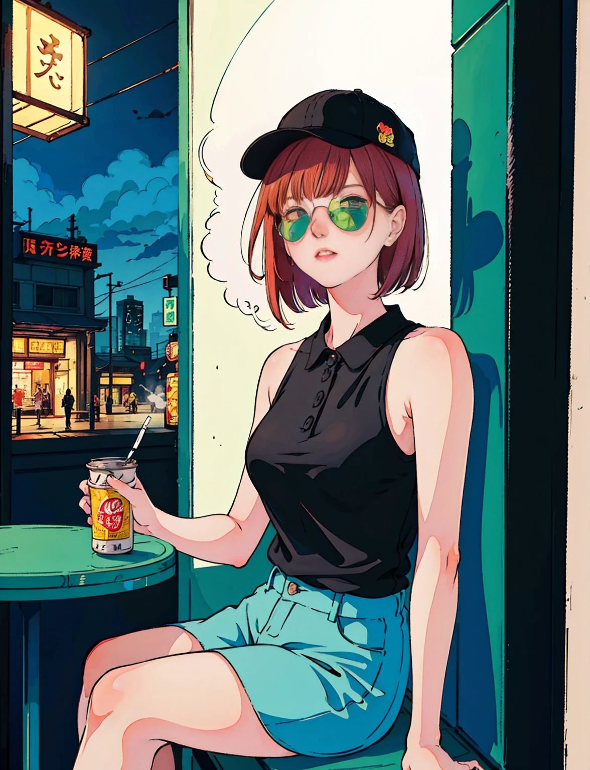 Beautiful redhead Asian girl sitting in a restaurant at night, Visible from the window, Perfect Face, sunglasses, Smoking white Taylormade cigarettes, Neon Black, (Backlight: 1.1), Hard Shadows, masterpiece, Highest quality, Complex, Model shooting style, Vintage, Film Grain, Incomplete details,T-Shirts,Sleeveless,Canned Chuhai,hat