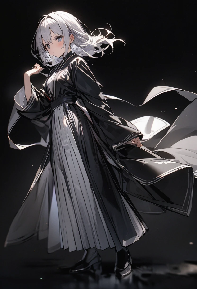 top quality、masterpiece、1 girl、16 years、Black background、Black background、Full body angle、White and black hakama、Likewise、They're standing、Black background、gray hair:1.5、Red eyes、Red lips、white clothes、Black and white world、Black and white world、pale skin、Side Blade