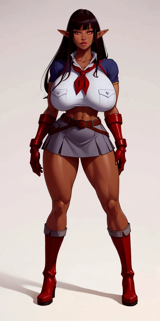 8k, high quality picture, high detailed picture, sunny day, open sky, (full body shot:1.3), tall fit girl, very long staright hair, brown with a black tint hair, smooth bangs, perfect brown eyes, neat dark eyebrows, plump lips, pale skin, (muscular girl:1.1), strong heaps, (accurate huge breast:1.2), bursting breast, wide hips, pioneer neckerchief, tight short blue skirt, white shirt, short sleeves, collared shirt, belt, eyelashes, red neckerchief, breast pocket, nipples trough clothes Full body toe to head 1solofemale drow elf purple grey dark skin standing pose yellow bikini, 2legs, 2arms, muscle abs toned, slender body, long silver white hair, purple eyes, hands on hips red gloves gauntles, red military boots ((plain background))