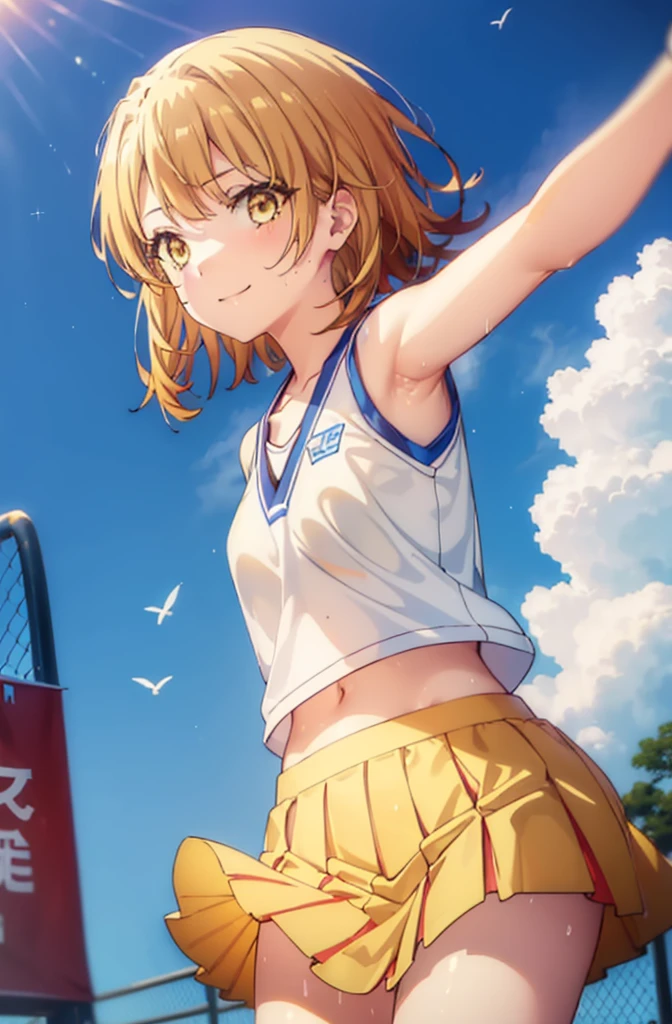 irohaisshiki, iroha isshiki, short hair, brown hair, (Brown eyes:1.5), smile,happy smile, smile, Open your mouth,(cheer leading), (whole body), Big Breasts, Lower, (Sweaty), Sweaty Wet Clothes, (Yellow clothes),No sleeve,Yellow pleated skirt,sneakers , Belly button support, playground, (Jump), (Jump), 足を曲げてJumpする, air, blue sky, Grass原, smile
チアリーダー, Pom-pom \(cheer leading\), Grass, smile,
break outdoors,Stadium,
break looking at viewer,(Cowboy Shot:1.5),
break (masterpiece:1.2), Highest quality, High resolution, unity 8k wallpaper, (shape:0.8), (Fine and beautiful eyes:1.6), Highly detailed face, Perfect lighting, Highly detailed CG, (Perfect hands, Perfect Anatomy),