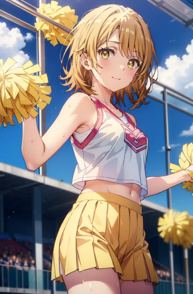 irohaisshiki, iroha isshiki, short hair, brown hair, (Brown eyes:1.5), smile,happy smile, smile, Open your mouth,(cheer leading), (whole body), Big Breasts, Lower, (Sweaty), Sweaty Wet Clothes, (Yellow clothes),No sleeve,Yellow pleated skirt,sneakers , Belly button support, playground, (Jump), (Jump), 足を曲げてJumpする, air, blue sky, Grass原, smile
チアリーダー, Pom-pom \(cheer leading\), Grass, smile, 
break outdoors,Stadium,
break looking at viewer,(Cowboy Shot:1.5),
break (masterpiece:1.2), Highest quality, High resolution, unity 8k wallpaper, (shape:0.8), (Fine and beautiful eyes:1.6), Highly detailed face, Perfect lighting, Highly detailed CG, (Perfect hands, Perfect Anatomy),