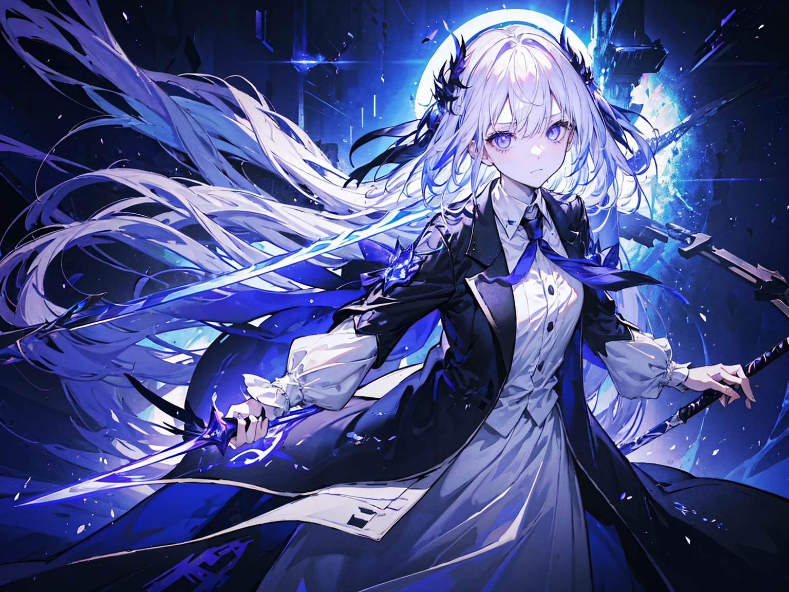 Wearing Darkness、1 personの女の子、White long hair、Purple left eye、blue right eye、wields the sword of darkness、闇のaura、Black Light、Rainbow light、Black long coat、White shirt、Black tie、Long trousers、suit、、1 person、Fantasy、aura、whole body、high resolution、High resolution、Detailed、8k、Many shining swords are stuck in it、cool、Girl、Magic Sword、Magic circle in the background、Scary face、Expressionless、Light comes out of the eyes、Standing in the wilderness with the sword piercing、Cool face、Left hand in pocket、