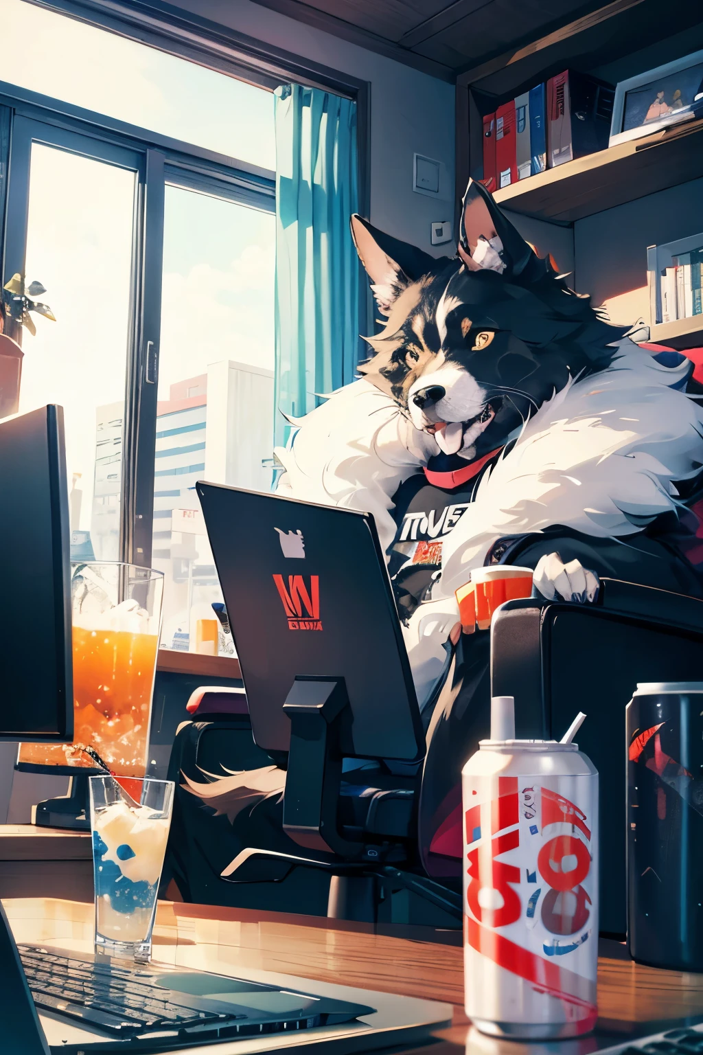 Cool dog drinking energy drink in front of a computer
