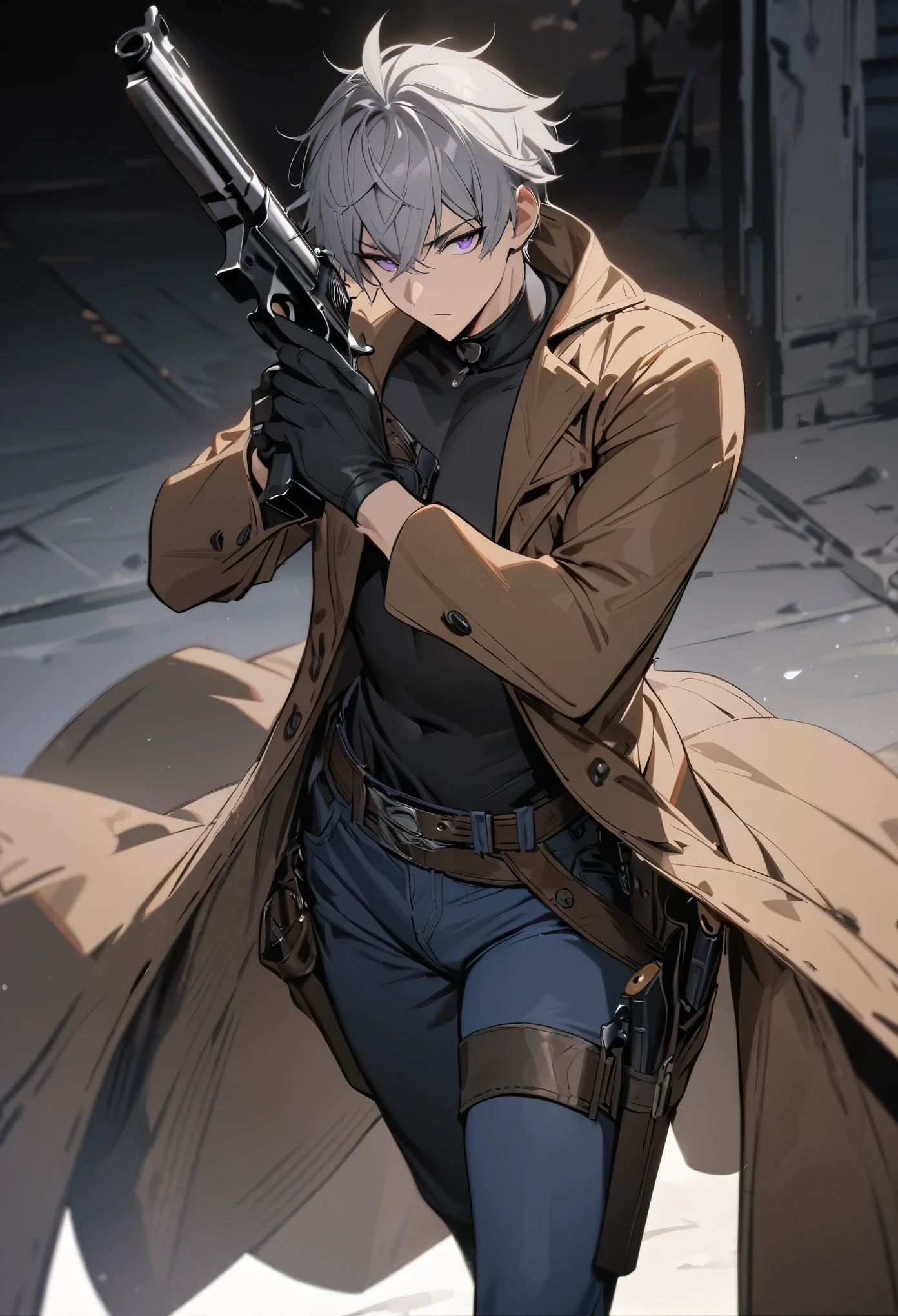 (masterpiece, best quality:1.2) best quality, boy design, short gray hair, boy face, boy body, focused look, purple eyes, black cowboy hat, black tight shirt, brown Duster coat, black gloves, blue jeans, western black boots, black cowboy holster, 2 guns, holding guns in hands.
