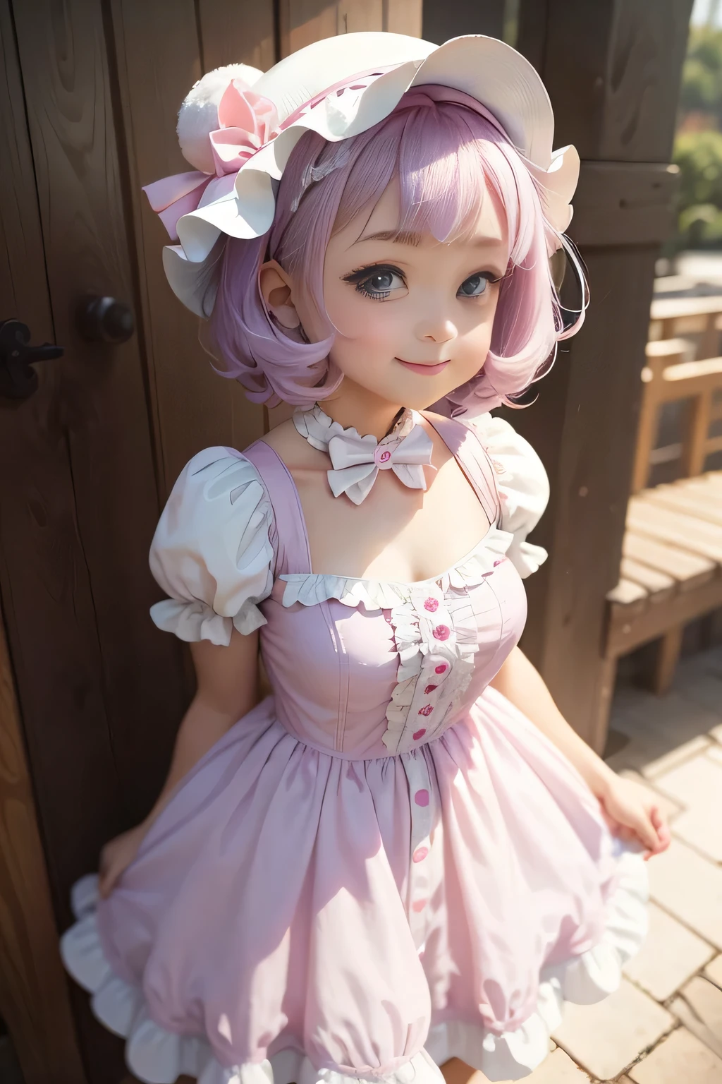 Meet Bubble, a delightful marshmallow girl with a playful grin. Her round, fluffy body is covered in a pastel light purple exterior, making her look irresistibly sweet. Her big curious eyes are always open to new adventures, and her cotton candy hair floats gently around her face. Dressed in a frilly pink dress with white polka dots, Bubble is currently bubbling with excitement as she gazes at her reflection in a nearby puddle.
