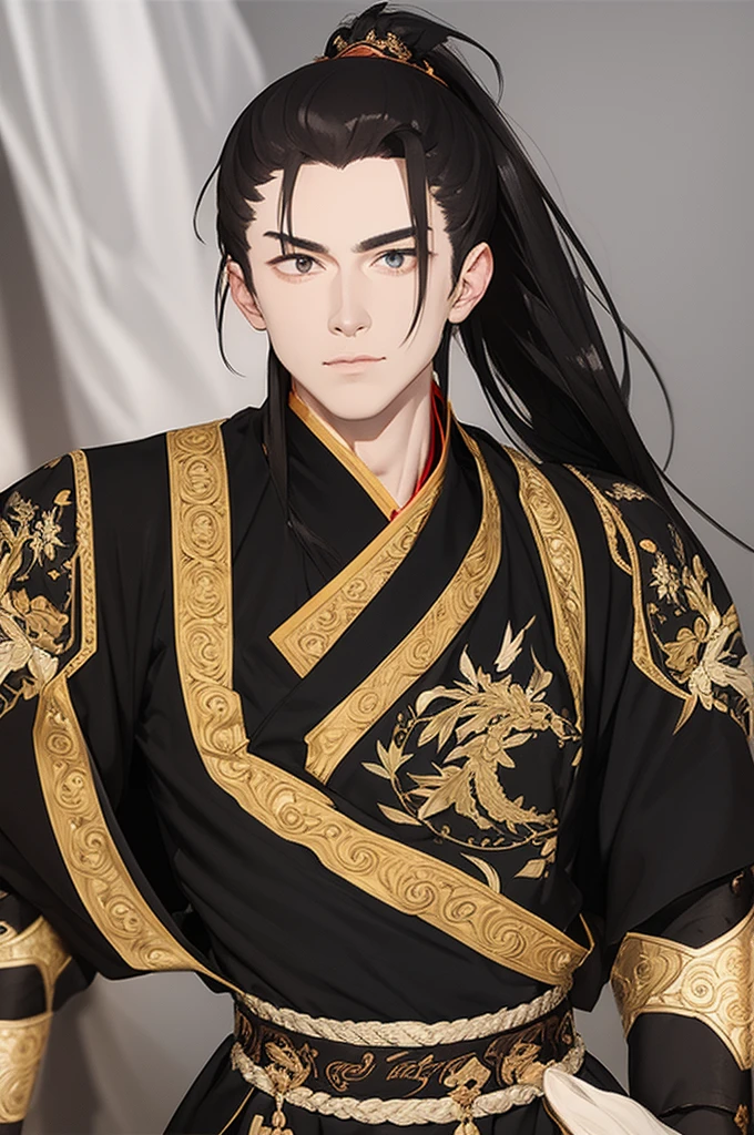 a man with a black robe, ponytail, ancient Chinese clothing, qi, swords and other weapons, in the background waterfalls fall from a high mountain, a beautiful landscape. Detailed face, 8k, embroidered tunic with gold edges, detailed clothing,