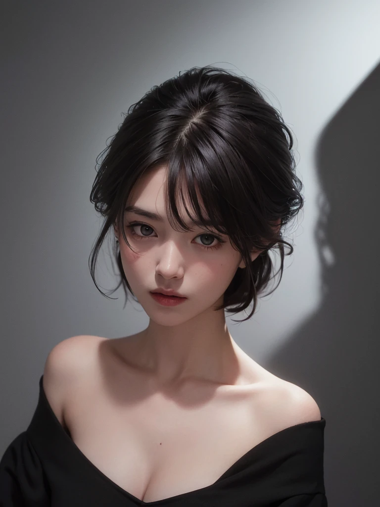 Best quality, masterpiece, ultra high res, (photorealistic:1.5), raw photo, 1girl, offshoulder, in the dark, deep shadow, low key, cold light, sexy look, short hair,black hair, black eyes, full body