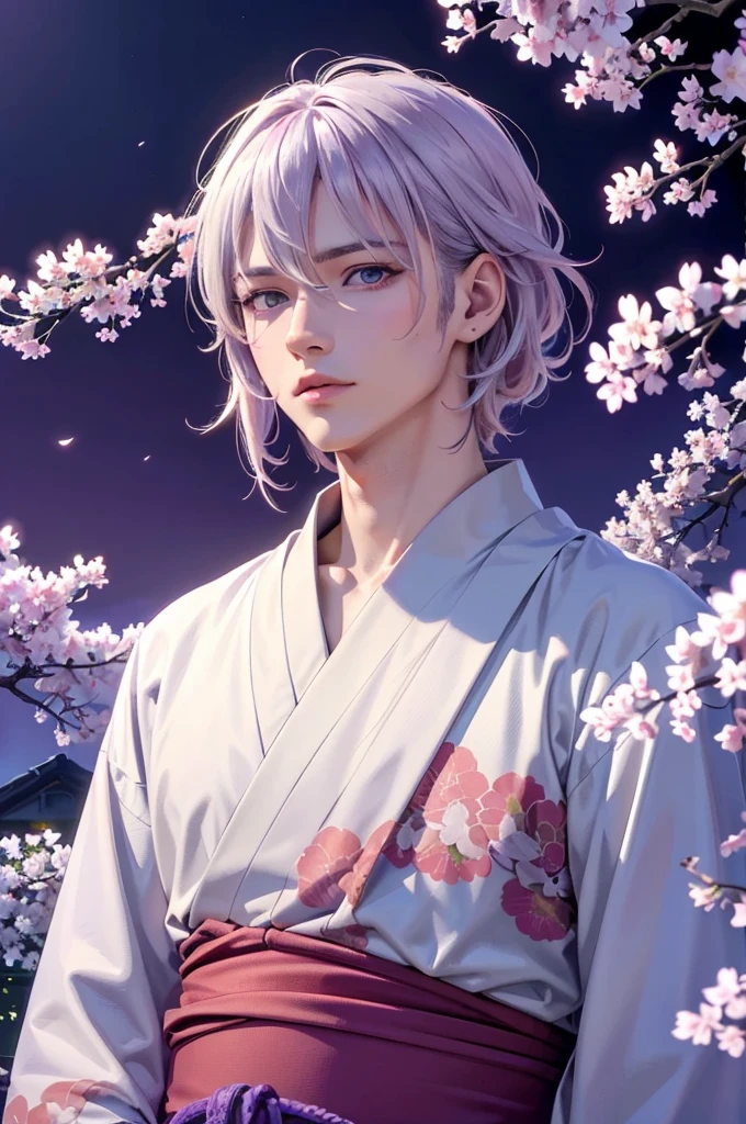  (masterpiece, 8k, Absurd, Digital Art, Digital Illustration, Realistic, Very detailed, Realistic lighting), (Perfect Face, Perfect Eyes, Perfect body), male,1 person, Male, Adult,good looking, Sharp features,Anime Blonde man in kimono, Purple sky, White cherry blossoms, higly detailed, Purple clouds, white colored hair