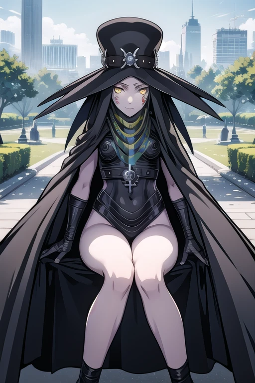 Masterpiece, best quality, Scathach, solo, female1, shin megami tensei, cape hat, black cape, flower tattoo, gloves, white skin, (yellow eyes 1.1), flowing, sitting, shirt, smile, park, city