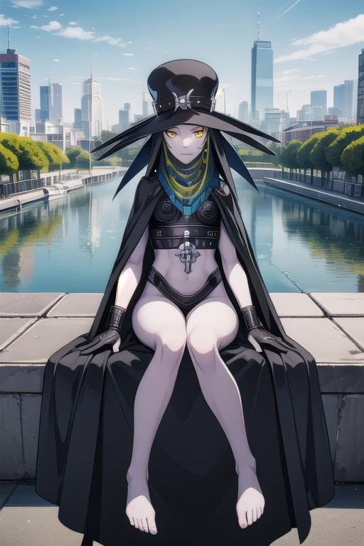 Masterpiece, best quality, Scathach, solo, female1, shin megami tensei, cape hat, black cape, flower tattoo, gloves, white skin, (yellow eyes 1.1), flowing, sitting, shirt, smile, park, city