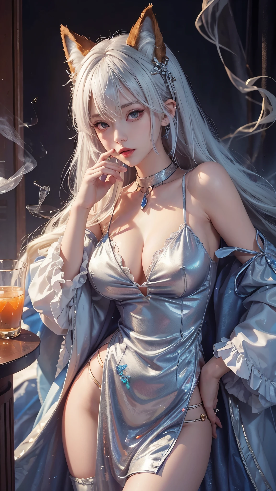 source_anime,source_anime,
1girl,dress,jewelry,,nightclub,fox ears,groin,extended downblouse,fox tail,extremely beautiful face,smoking,young,large breasts,white hair,genshin impact,