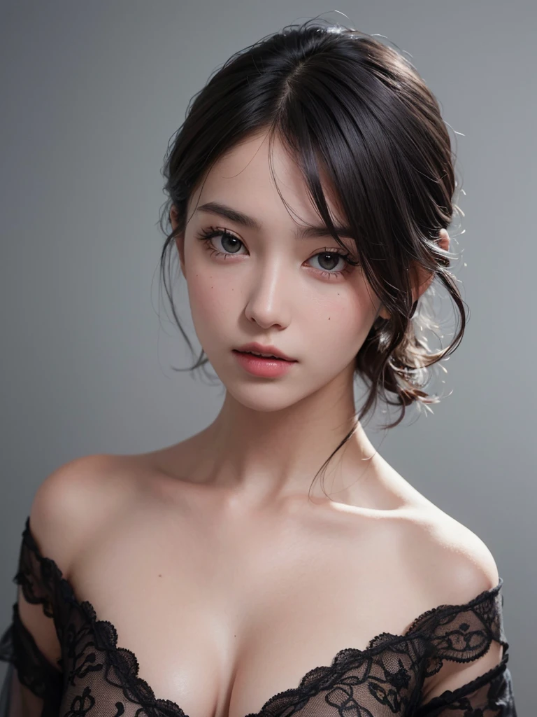 Best quality, masterpiece, ultra high res, (photorealistic:1.5), raw photo, 1girl, offshoulder, in the dark, deep shadow, low key, cold light, sexy look, short hair，black hair, black eyes, full body