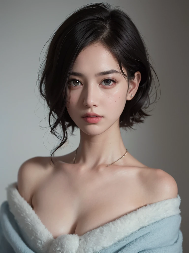 Best quality, masterpiece, ultra high res, (photorealistic:1.5), raw photo, 1girl, offshoulder, in the dark, deep shadow, low key, cold light, sexy look, short hair,black hair, black eyes, full body