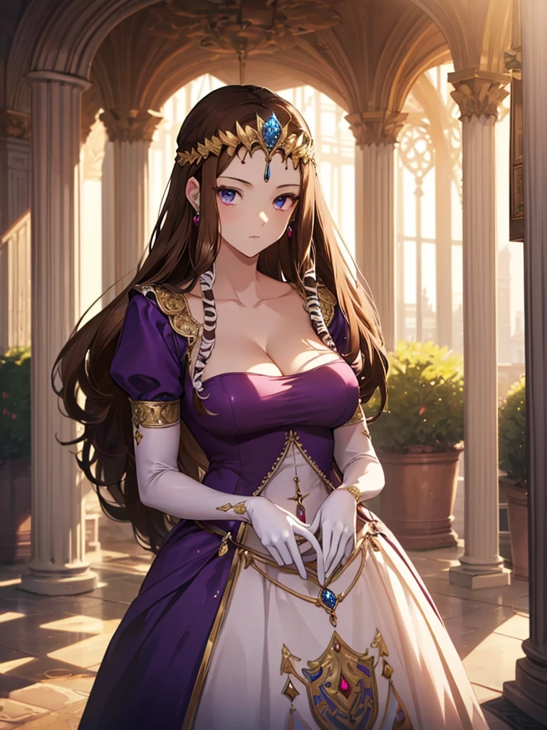 ((Front face)),((Dark brown hair))Anime art style,masterpiece,(Highest quality), (Super detailed),(Very delicate and beautiful),(Detailed face and eyes),Beautiful eyes like jewels,(A truly gorgeous jeweled ruffled rococo ball gown dress),(((Mature Woman,Queen))),((Purple blouse)),((crinoline)),Absolutely gorgeous highly detailed rococo ball gown dress with ruffled voluminous full length hoop skirt,((Long Straight Hair)),(),Cleavage,(Fantasy Castle,Outdoor,Outside the castle),length_gloves,Very gorgeous hair ornament,Sparkling、A very gorgeous jewel-encrusted tiara,((Gorgeous Glitter Jewelry)),