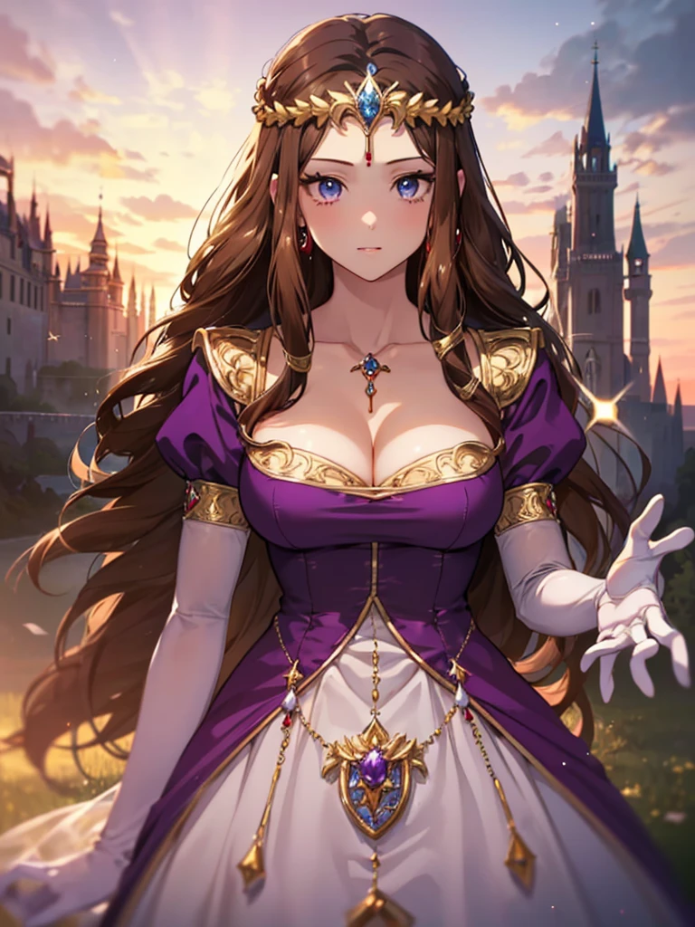 ((Front face)),((Dark brown hair))Anime art style,masterpiece,(Highest quality), (Super detailed),(Very delicate and beautiful),(Detailed face and eyes),Beautiful eyes like jewels,(A truly gorgeous jeweled ruffled rococo ball gown dress),(((Mature Woman,Queen))),((Purple blouse)),((crinoline)),Absolutely gorgeous highly detailed rococo ball gown dress with ruffled voluminous full length hoop skirt,((Long Straight Hair)),(),Cleavage,(Fantasy Castle,Outdoor,Outside the castle),length_gloves,Very gorgeous hair ornament,Sparkling、A very gorgeous jewel-encrusted tiara,((Gorgeous Glitter Jewelry)),