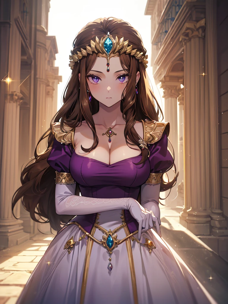 ((Front face)),((Dark brown hair))Anime art style,masterpiece,(Highest quality), (Super detailed),(Very delicate and beautiful),(Detailed face and eyes),Beautiful eyes like jewels,(A truly gorgeous jeweled ruffled rococo ball gown dress),(((Mature Woman,Queen))),((Purple blouse)),((crinoline)),Absolutely gorgeous highly detailed rococo ball gown dress with ruffled voluminous full length hoop skirt,((Long Straight Hair)),(),Cleavage,(Fantasy Castle,Outdoor,Outside the castle),length_gloves,Very gorgeous hair ornament,Sparkling、A very gorgeous jewel-encrusted tiara,((Gorgeous Glitter Jewelry)),
