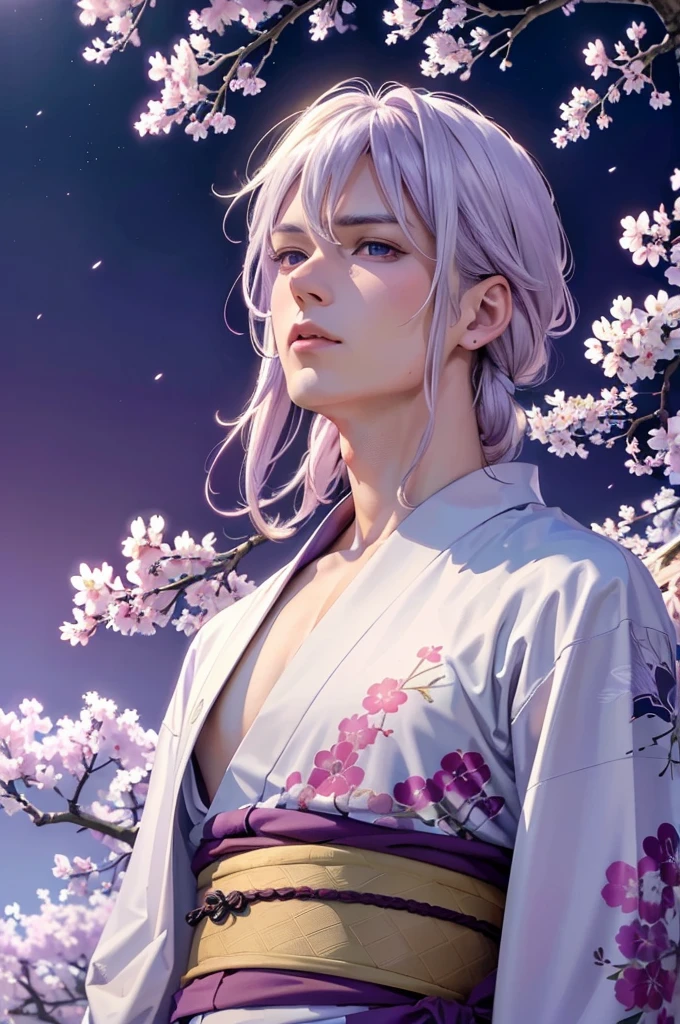 ‪ (masterpiece, 8k, Absurd, Digital Art, Digital Illustration, Realistic, Very detailed, Realistic lighting), (Perfect Face, Perfect Eyes, Perfect body), male,1 person, Male, Adult,good looking, Sharp features,Anime Blonde man in kimono, Purple sky, White cherry blossoms, higly detailed, Purple clouds, white colored hair
