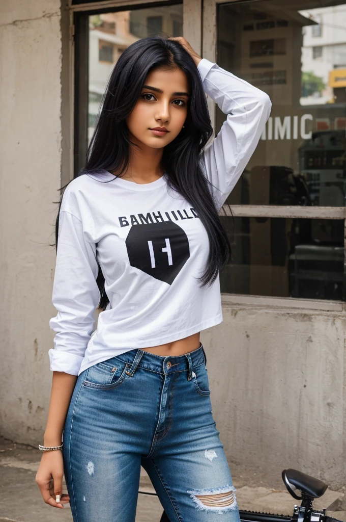 a 18 year old girl wear white shirt and black jeans. her shirt Chetna name print . and her hair is beautiful fashion and stand near bullet bike.