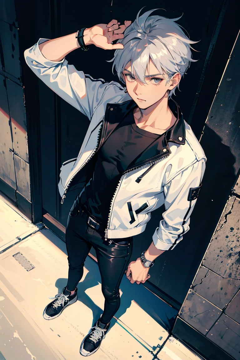 (1 boy), (silver hair), (beautiful almond-shaped gray eyes), cool, nine head proportions, standing, fitted white crew-neck t-shirt, (black leather biker jacket), blue skinny jeans, black high-top sneakers, a black beanie, silver aviator sunglasses, a leather bracelet, a black leather belt, an urban street background, looking at viewer, looking ahead, from above,  monochrome background,