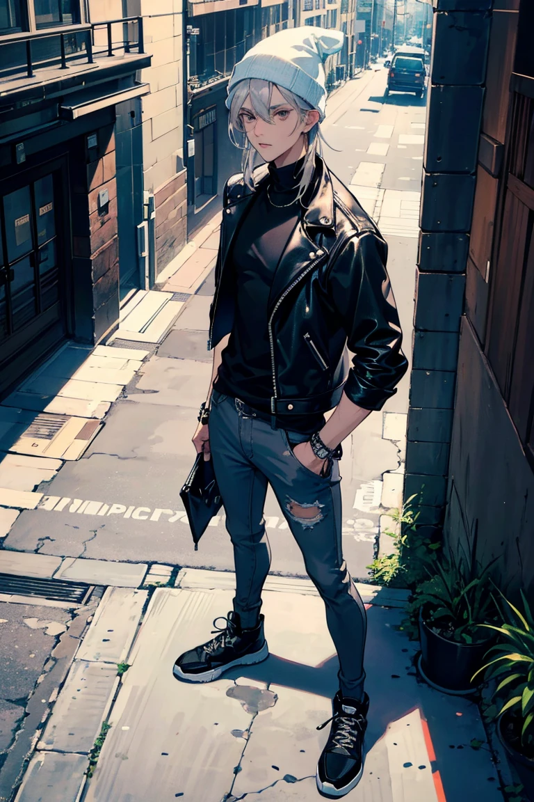 (1 boy), (silver hair), (beautiful almond-shaped gray eyes), cool, nine head proportions, standing, fitted white crew-neck t-shirt, (black leather biker jacket), blue skinny jeans, black high-top sneakers, a black beanie, silver aviator sunglasses, a leather bracelet, a black leather belt, an urban street background, looking at viewer, looking ahead, from above,  monochrome background,