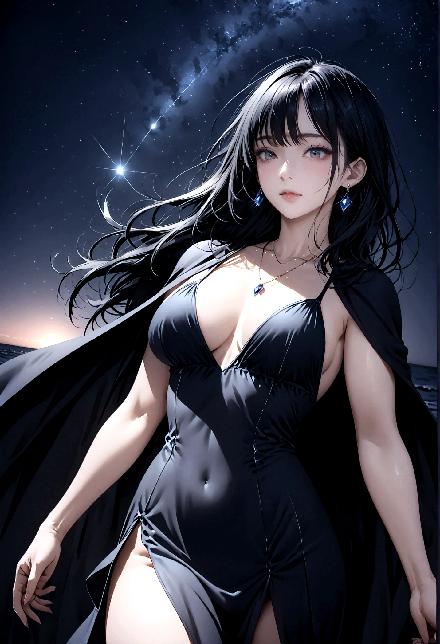 8k, masterpiece, RAW Photos, Highest quality, Realistic, Very detailed, Depth of written boundary, Cinematic Light, Anatomically correct body,
An elegant beautiful mature woman, Very beautiful face, Exquisitely detailed face, (Goddess-like deity々Beautiful:1.4), Very sensitive skin, Transparent muscle, Shiny white skin, Glamorous Body,
(Wavy black long hair:1.2), Sexy Breasts, Sexy ass,
(A cape dress fluttering in the wind:1.4), (Detailed cloth texture:1.2), (Gorgeous necklace:1.1), (Gorgeous earrings:1.1),
(Dark starry background:1.4), (Milky Way:1.1), (milky way:1.1), (shooting star:1.1), (Dark coastline at night:1.4), (Pitch black sea surface:1.4),
(Low angle shot:1.8),