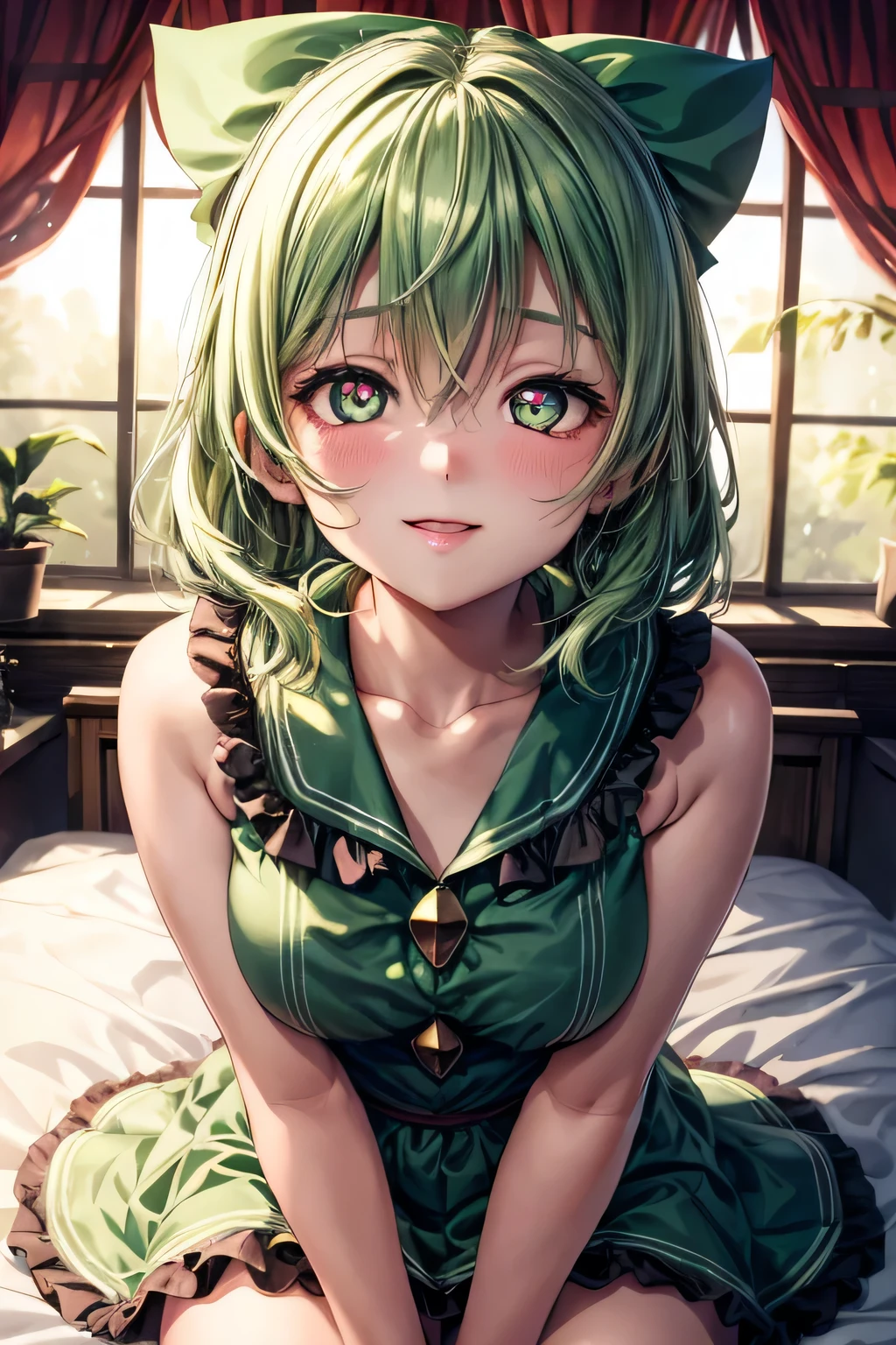 Tabletop, Highest quality,  One Girl,smile,komeiji koishi, Have,Have bow,Green Hair,Green Eyes(Heart Eyes),Symbol-shaped pupil, eyeball,Bedroom Background,Full nudity、The face of rutting、courtship attitude、Slender　Futanari