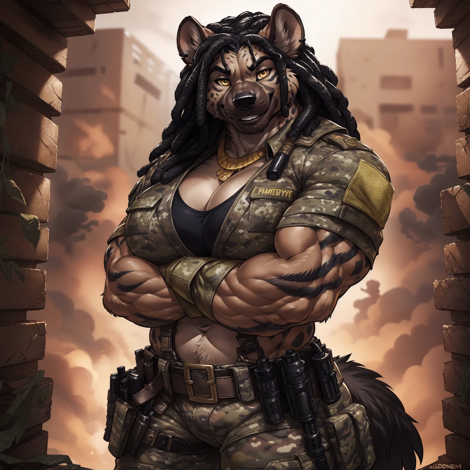 solo, 1girl, hyena, female, broad shoulders, stocky build, buff, muscular, large breasts, beige fur, spots, dreadlocks, black hair, gold eyes, highly detailed eyes, Amazon, powerful figure, wearing camouflage_uniform, (monochrome uniform:1.2), military camp, rolled sleeves, shirt, cleavage, standing upright, (arms crossed:1.2), combat boots, full body, pleasant smile, looking at viewer, realistic lighting, by darkgem, by wfa, by gideon,
