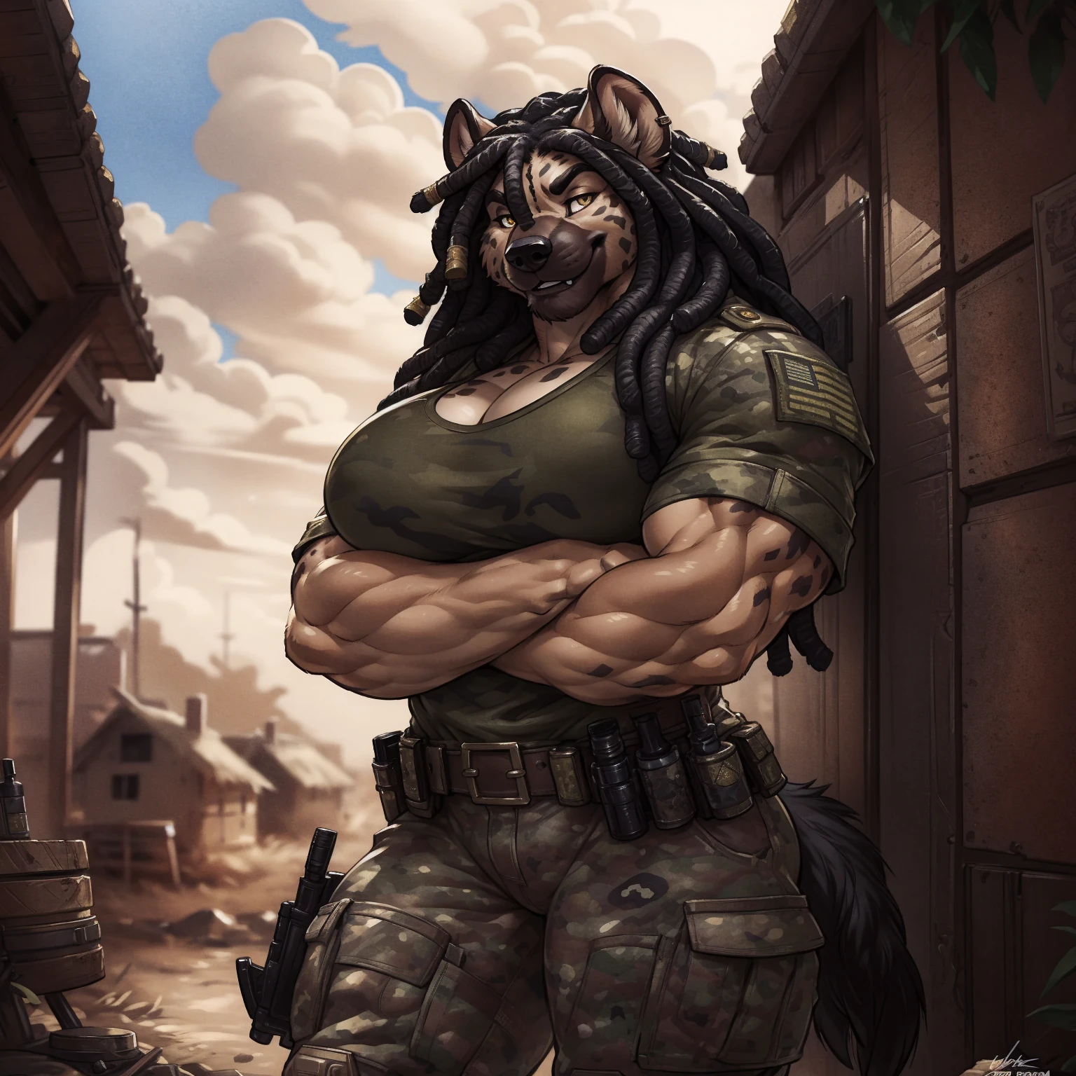 solo, 1girl, hyena, female, broad shoulders, stocky build, buff, muscular, large breasts, beige fur, spots, dreadlocks, black hair, gold eyes, highly detailed eyes, Amazon, powerful figure, wearing camouflage_uniform, (monochrome uniform:1.2), military camp, rolled sleeves, shirt, cleavage, standing upright, combat boots, full body, smiling, friendly, looking at viewer, realistic lighting, by darkgem, by wfa, by gideon,