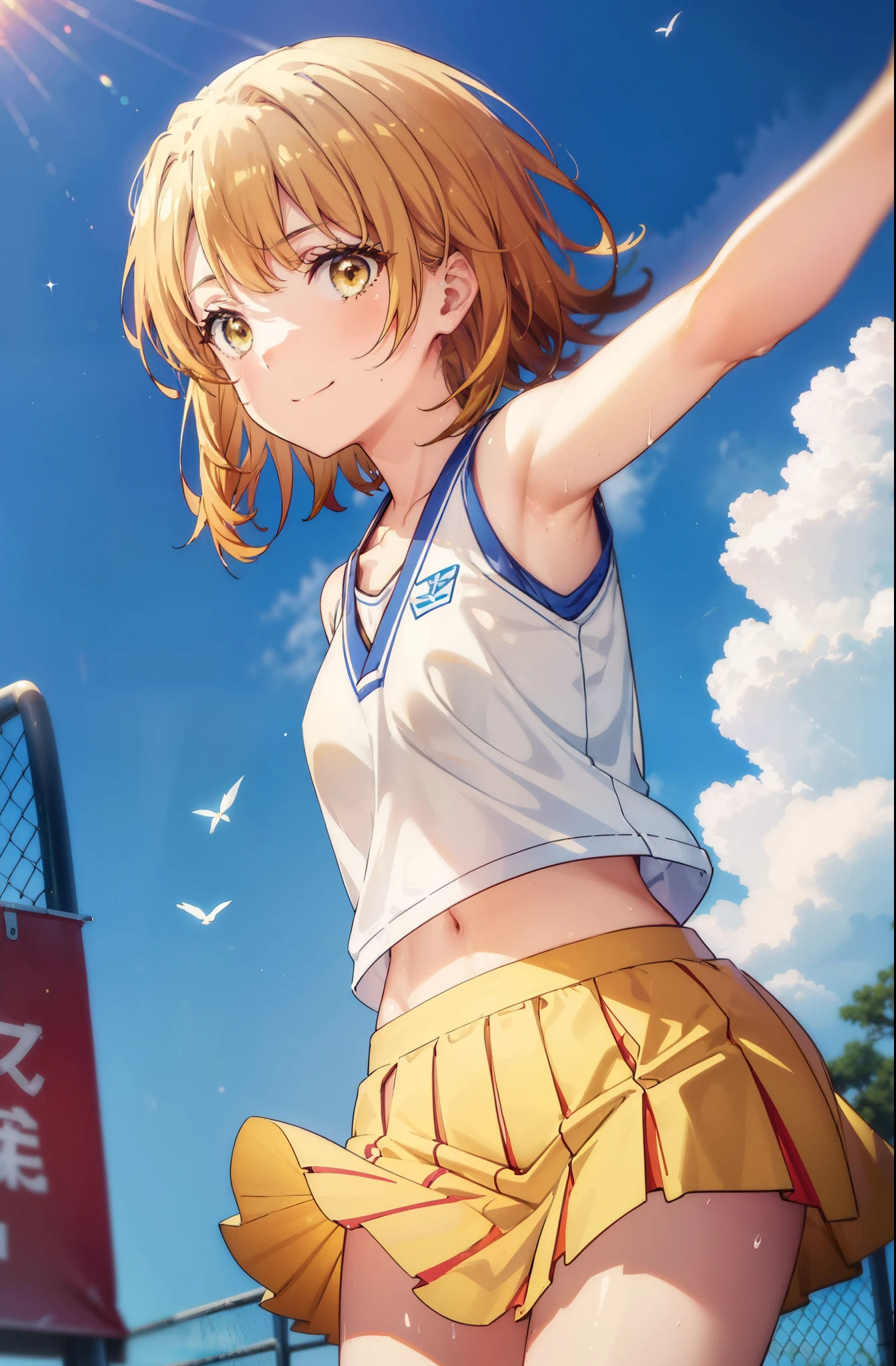 irohaisshiki, iroha isshiki, short hair, brown hair, (Brown eyes:1.5), smile,happy smile, smile, Open your mouth,(cheer leading), (whole body), Big Breasts, Lower, (Sweaty), Sweaty Wet Clothes, (Yellow clothes),No sleeve,Yellow pleated skirt,sneakers , Belly button support, playground, (Jump), (Jump), 足を曲げてJumpする, air, blue sky, Grass原, smile
チアリーダー, Pom-pom \(cheer leading\), Grass, smile,
break outdoors,Stadium,
break looking at viewer,(Cowboy Shot:1.5),
break (masterpiece:1.2), Highest quality, High resolution, unity 8k wallpaper, (shape:0.8), (Fine and beautiful eyes:1.6), Highly detailed face, Perfect lighting, Highly detailed CG, (Perfect hands, Perfect Anatomy),