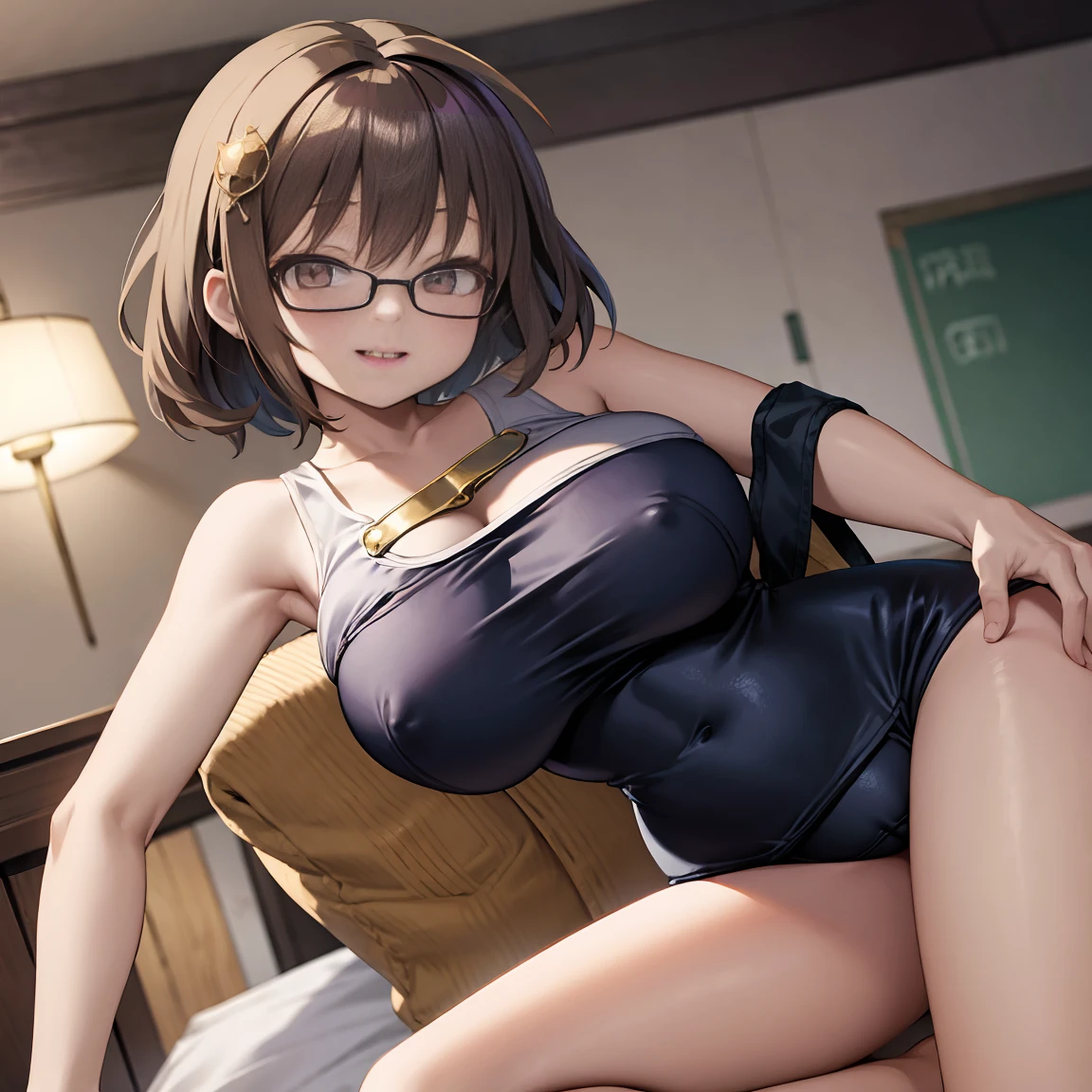 8k、masterpiece、Japanese、Woman wearing glasses、anise、from the front、smile、Childish、Big Breasts、Sheer School Swimsuit、night、Bedroom、