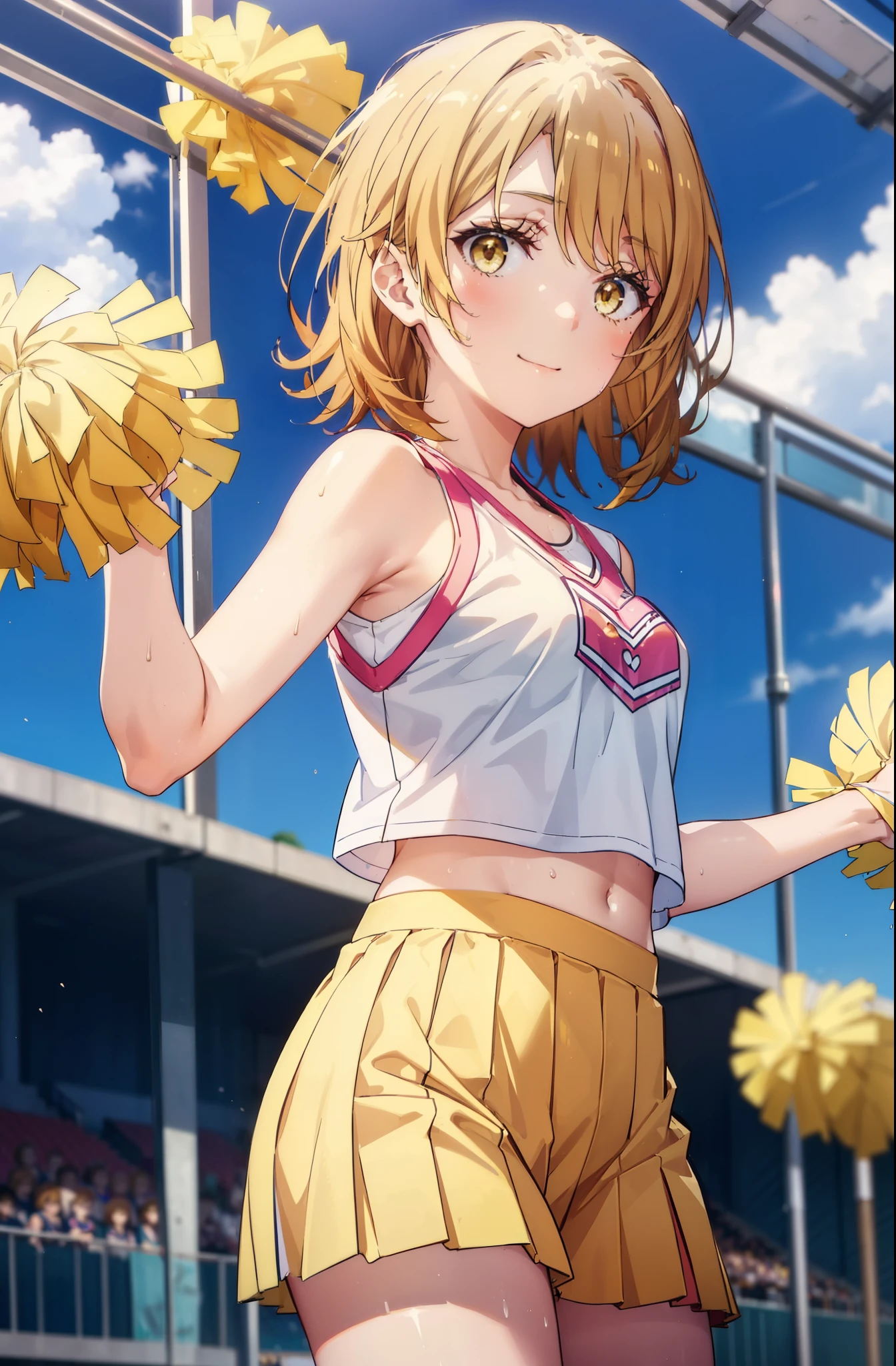 irohaisshiki, iroha isshiki, short hair, brown hair, (Brown eyes:1.5), smile,happy smile, smile, Open your mouth,(cheer leading), (whole body), Big Breasts, Lower, (Sweaty), Sweaty Wet Clothes, (Yellow clothes),No sleeve,Yellow pleated skirt,sneakers , Belly button support, playground, (Jump), (Jump), 足を曲げてJumpする, air, blue sky, Grass原, smile
チアリーダー, Pom-pom \(cheer leading\), Grass, smile,
break outdoors,Stadium,
break looking at viewer,(Cowboy Shot:1.5),
break (masterpiece:1.2), Highest quality, High resolution, unity 8k wallpaper, (shape:0.8), (Fine and beautiful eyes:1.6), Highly detailed face, Perfect lighting, Highly detailed CG, (Perfect hands, Perfect Anatomy),