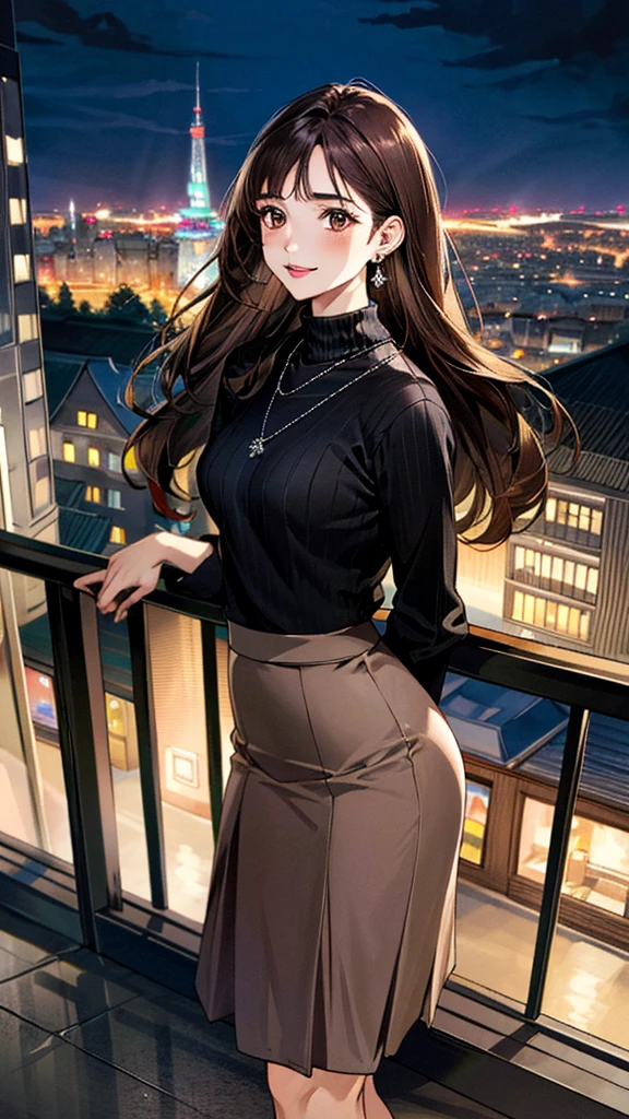 (masterpiece:1.3, Highest quality, Ultra-high resolution, Super detailed), (Realistic, photoRealistic:1.4), Beautiful illustrations, Perfect lighting, colorful, Depth of written boundary,
Beautiful detailed hair, Beautifully detailed face, Beautiful fine details, Beautiful clavicle, Beautiful body, 美しいLarge Breasts, Beautiful thighs, Beautiful feet, Beautiful fingers,
View Viewer, Full Body Shot、Front view:0.6, 1 girl, Japanese, Female college student, Perfect Face, (Perfect Anatomy, Anatomically correct), Cute and symmetrical face, Baby Face, , Shiny skin,
((Wearing a coat:1.4))、((Turtleneck sweater:1.4,)) ((Long skirt:1.4)),(pumps:1.4)
(Dark brown hair, Medium Straight Hair:1.4), Dark brown eyes, (Large Breasts), thin,
necklace, (Small earrings:1.3),
(Beautiful views), (night), (city, cityscape in the distance), Are standing, (Smile, Lips parted),