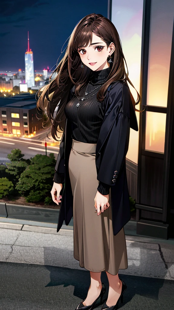 (masterpiece:1.3, Highest quality, Ultra-high resolution, Super detailed), (Realistic, photoRealistic:1.4), Beautiful illustrations, Perfect lighting, colorful, Depth of written boundary, 
Beautiful detailed hair, Beautifully detailed face, Beautiful fine details, Beautiful clavicle, Beautiful body, 美しいLarge Breasts, Beautiful thighs, Beautiful feet, Beautiful fingers, 
View Viewer, Full Body Shot、Front view:0.6, 1 girl, Japanese, Female college student, Perfect Face, (Perfect Anatomy, Anatomically correct), Cute and symmetrical face, Baby Face, , Shiny skin, 
((Wearing a coat：1.4))、((Turtleneck sweater：1.4,)) ((Long skirt:1.4)),(pumps:1.4) 
(Dark brown hair, Medium Straight Hair:1.4),  Dark brown eyes, (Large Breasts), thin, 
necklace, (Small earrings:1.3), 
(Beautiful views), (night), (city, cityscape in the distance), Are standing, (Smile, Lips parted), 