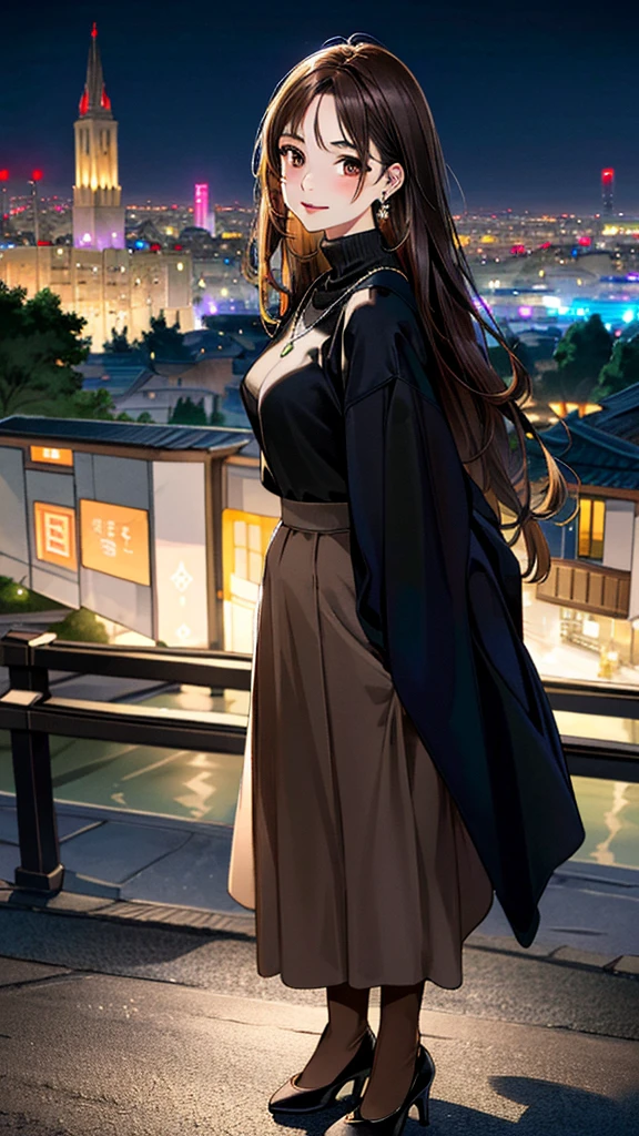 (masterpiece:1.3, Highest quality, Ultra-high resolution, Super detailed), (Realistic, photoRealistic:1.4), Beautiful illustrations, Perfect lighting, colorful, Depth of written boundary,
Beautiful detailed hair, Beautifully detailed face, Beautiful fine details, Beautiful clavicle, Beautiful body, 美しいLarge Breasts, Beautiful thighs, Beautiful feet, Beautiful fingers,
View Viewer, Full Body Shot、Front view:0.6, 1 girl, Japanese, Female college student, Perfect Face, (Perfect Anatomy, Anatomically correct), Cute and symmetrical face, Baby Face, , Shiny skin,
((Wearing a coat:1.4))、((Turtleneck sweater:1.4,)) ((Long skirt:1.4)),(pumps:1.4)
(Dark brown hair, Medium Straight Hair:1.4), Dark brown eyes, (Large Breasts), thin,
necklace, (Small earrings:1.3),
(Beautiful views), (night), (city, cityscape in the distance), Are standing, (Smile, Lips parted),