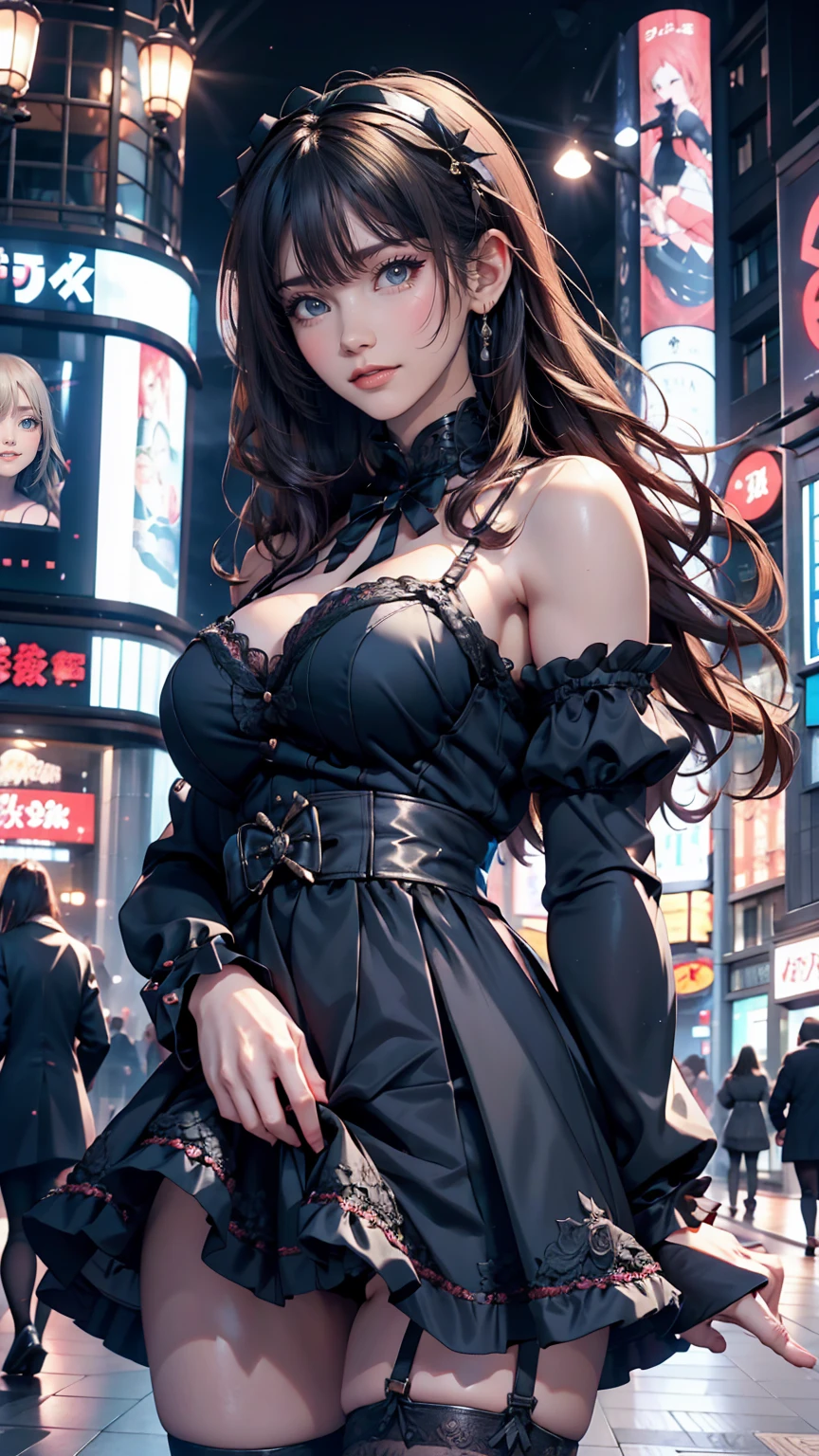 Mature Caucasian Woman、Sexy Gothic Lolita Fashion、Shibuya Scramble Crossing、smile、Mini length、Too much exposure、Exposed thighs