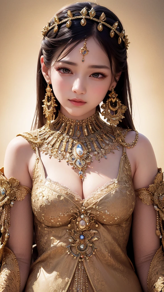 (Highest quality, masterpiece:1.2), Realistic, Ultra-high resolution, Front lighting, Intricate details, Exquisite detail and texture, One Woman, Facial highlights, Upper Body, Detailed face, Teardrop Mole, White skin, 女god, gold, Fantasy, god々Shii, Hands together, Gold background, Economic fortune