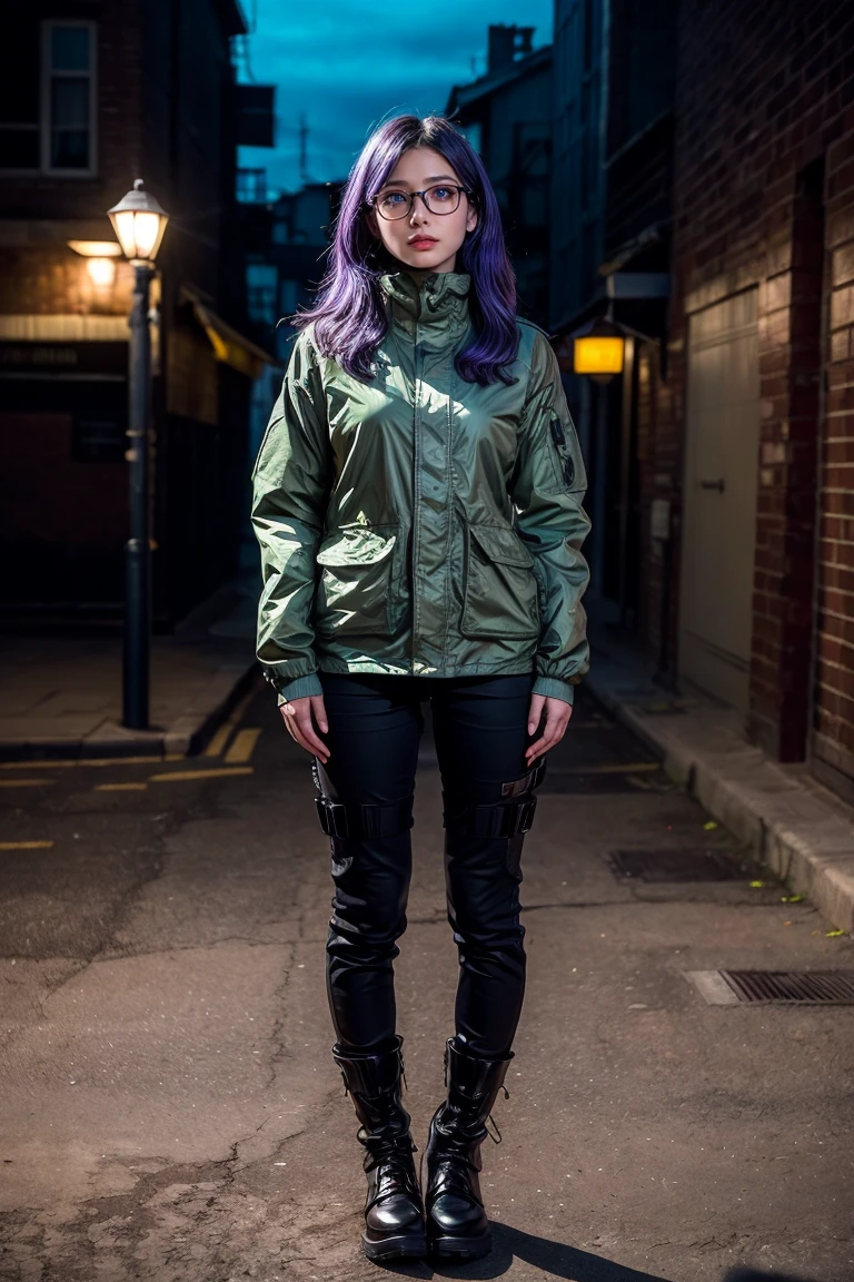 ((best quality)), ((masterpiece)), (detailed), perfect face, 1 girl, purple hair, blue beautiful eyes, tactical gear, military, black military pants, black military boots, black military jacket, military flak jacket, city. Night, winter, glasses, (real、photorealistic、photorealistic: 1.37) soft lighting、roma、subtle shadow、intense colors、enchantingly illuminated、high contrast, full body