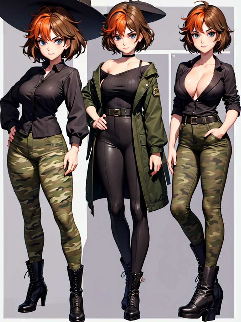 merula, full body, thighs, boots high heels, solo girl, medium tits, military camouflage pants, belly, top strapless