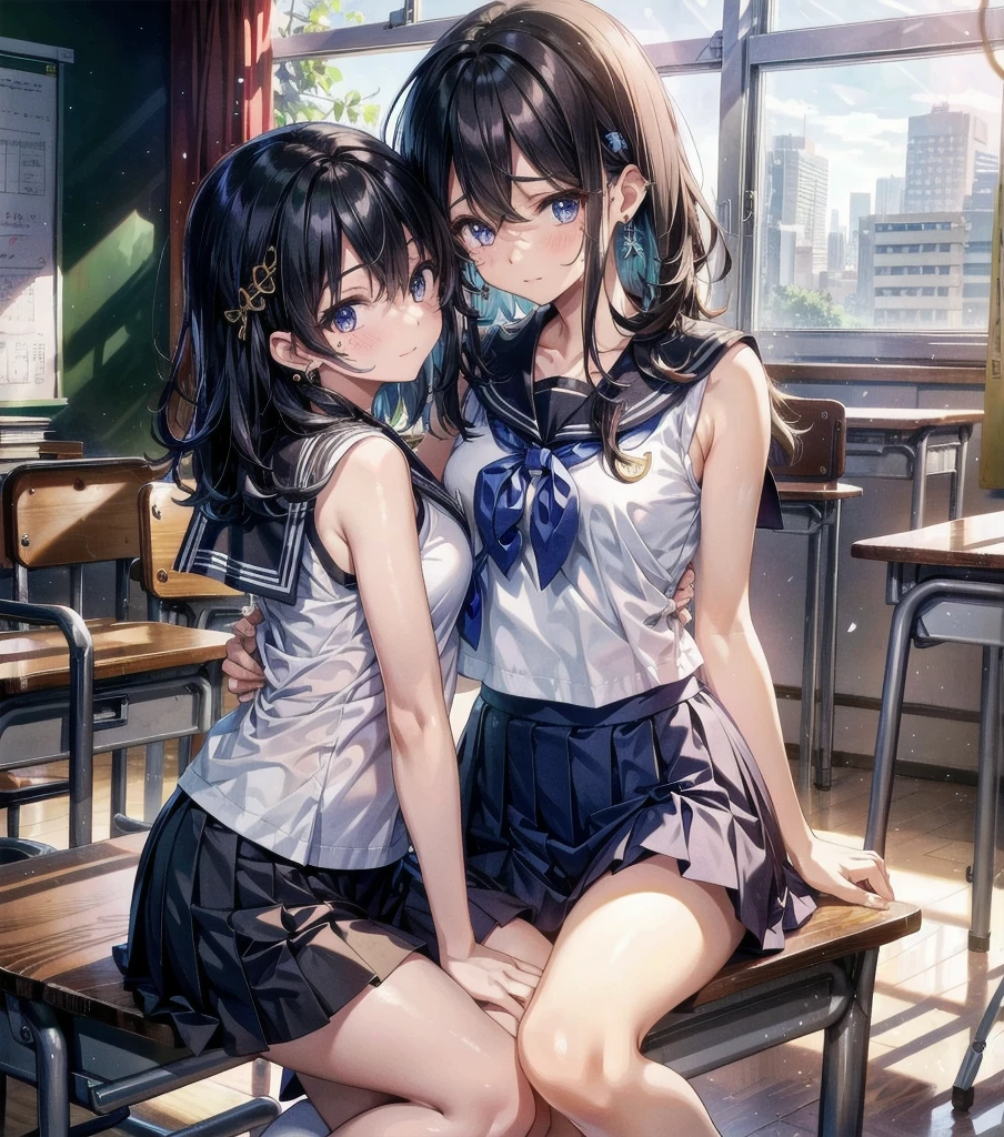 whole body, medium hair, medium tits, tearful mole, earring, school_uniform, sailor uniform, sleeveless, school, classroom,