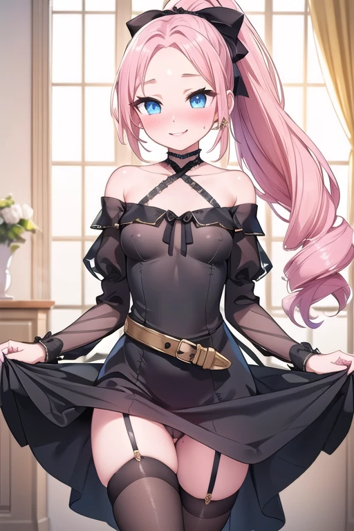 One Girl, A girl is posing for a photo, pretty girl, Enchanting girl, Beautiful Anime Girls, (),
((Matte pink hair, Bangs that expose the forehead:1.4, ponytail : Long Hair + Curly hair + Curled + It has a sense of volume + Big black ribbon), (blue eyes)),
(((Black dress:1.4) : High neck + off-the-shoulder mesh-neck-shoulder-sleeve top:1.4 + big gold belt:1.4), (black garter straps + Shiny black knee-high stockings:1.4 + Low Denier + Sheer), Black High Heels:1.8),
((Gold Bracelet, Gold Earrings)),
BREAK Sensual,((Small breasts)), cleft of venus, ((Pussy + Camel Toe)),
BREAK
(Beautiful Hair, Shiny Hair, Shiny Hair)),
(Double eyelids, Long eyelashes),
(Expression of fine eyes, Beautiful and delicate eyes, Sparkling eyes, Eye Reflexes),
(Beautiful Nose,Thin Nose),
(Glossy Lips, Beautiful Lips, thick lips),
(Symmetrical facial features, Perfect Face), (Beautiful breasts), (Detailed skin, Oily skin, Textured skin, Glowing Beautiful Skin),
BREAK
((smile + Embarrassed + blush)),
BREAK
((noon, living:1.4, I'm sitting cross-legged on the sofa:1.4, put your hands behind your head:1.4))、((Turning your body to the viewer:1.4, Cowboy Shot)),
BREAK
((Ultra-high resolution)), (((masterpiece))), (((Highest quality))), ((8k)), (Attention to detail), (Beautiful sparkle), (High detail), (Anatomically correct)),
((Realistic)), ((The best CG)), Highly detailed art, CG illustration, ((Line art)),