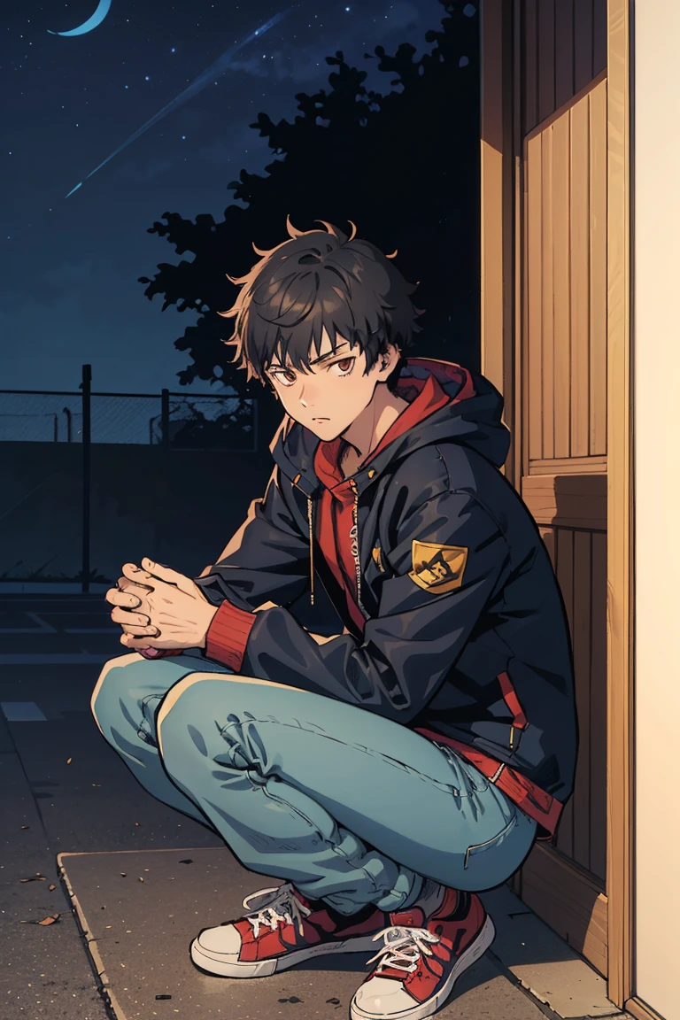 ((illustration)), (best quality)), ((masterpiece)), (detailed), ((night)), teenager, solo, 1boy, male focus, black jacket, short hair, black hair, crouching, shaggy hair, jeans, sneakers, cityscape, lineart, thick lines, comic cover, itadori, itadori_yuuji,