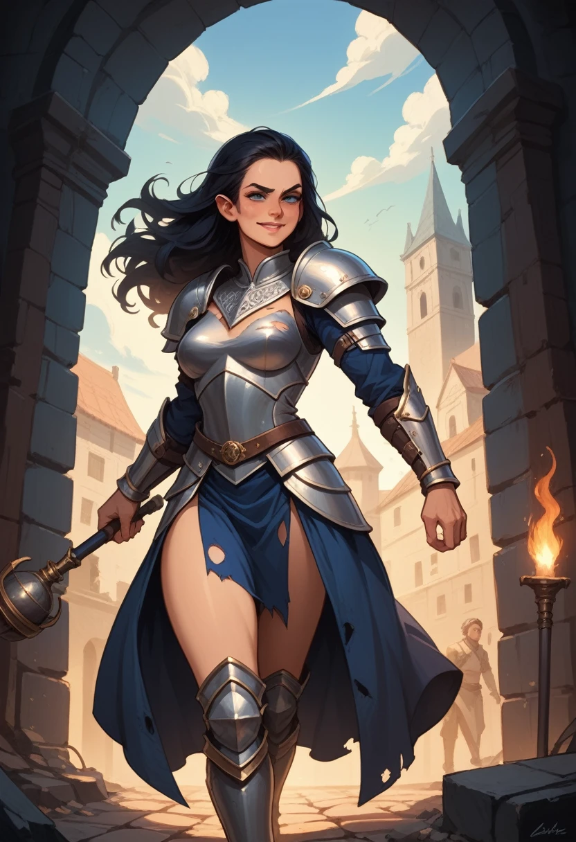 illustration of a resolute female elf with black hair intense blue eyes and a square jaw, running through a dungeon. She wears a striking armor chest plate, contrasting a billowing blue skirt with white lace details. her right hand holds a mace. Dramatic shadows accentuate her commanding presence while the torch's warm radiance envelops the scene. torn dress, damaged armor.
sultry look, seductive, smirk, , inviting smile,