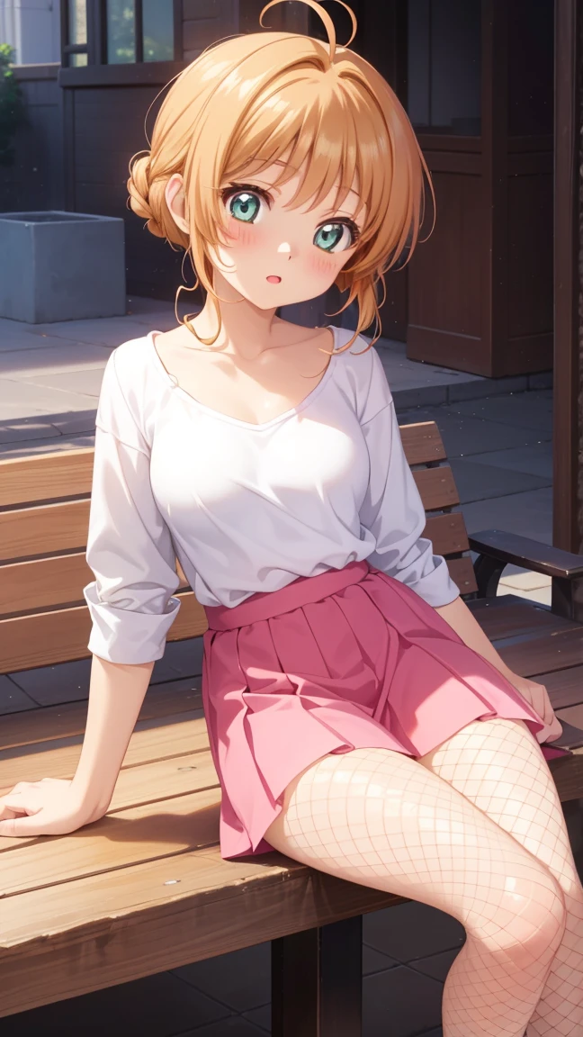masterpiece, best quality, highres, 1girl, detailed face, blush, anime CG style, (medium breasts), (18 year old girl:1.3), (aged up), good lighting, perfect body, sakura kinomoto, glossy lips, blush, (white fishnets)