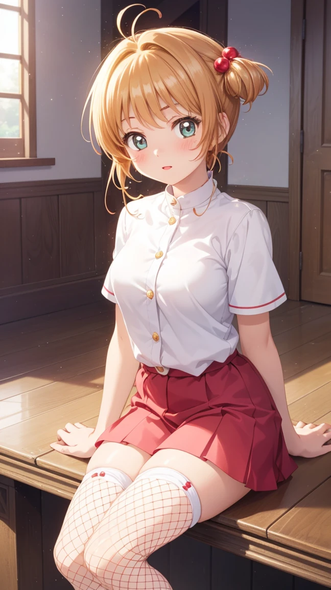 masterpiece, best quality, highres, 1girl, detailed face, blush, anime CG style, (medium breasts), (18 year old girl:1.3), (aged up), good lighting, perfect body, sakura kinomoto, glossy lips, blush, (white fishnets)