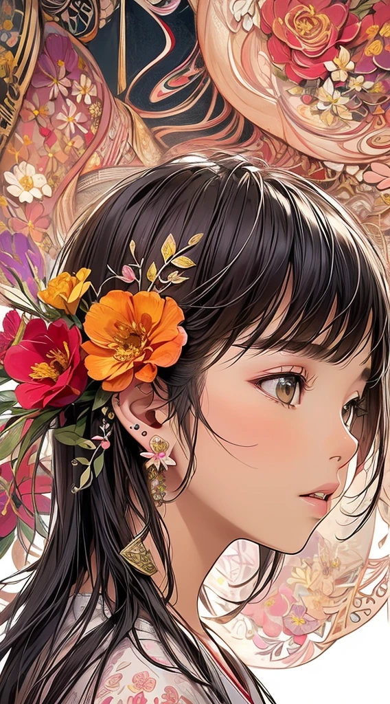 cute、Perfect Anatomy、Picturesque、sketch、texture、solo、Very detailed、(Fractal Art:1.1)、(Gentle colors:1.1)、(Floral:1.6)、Most detailed、(Zentangle:1.2)、(Dynamic pose)、(Abstract background:1.3)、(Glowing Skin)、(Many colors:0.8)、、(Earrings:1.4)、(feather:0.9)、Taisho romance,(masterpiece、Highest quality、Highest quality、Official Art、Beautiful and aesthetic:1.2)、10 years old