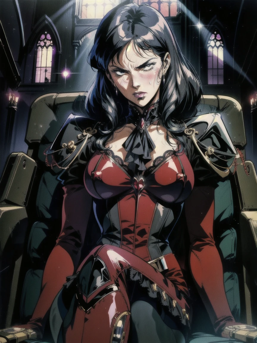 ((((retro anime)) of a gothic vampire piloting a gothic ruby mech)), (from below), close-up, (fisheye), ((gothic (control panels) everywhere)), ((mature)), ((vampiric)), (iridescent bodysuit), lace accessories, dark big lips, ((baroque pilot seat)), ((leaning back sitting pose)), ((elegant)), (((serious tone))), futuristic, top spacecraft control panel, ((dark place)), ((low-light)), intricate control panel details, 1990s (style),  [blushing], sweat, masterpiece, claustrophobic, sparkles, limited colors