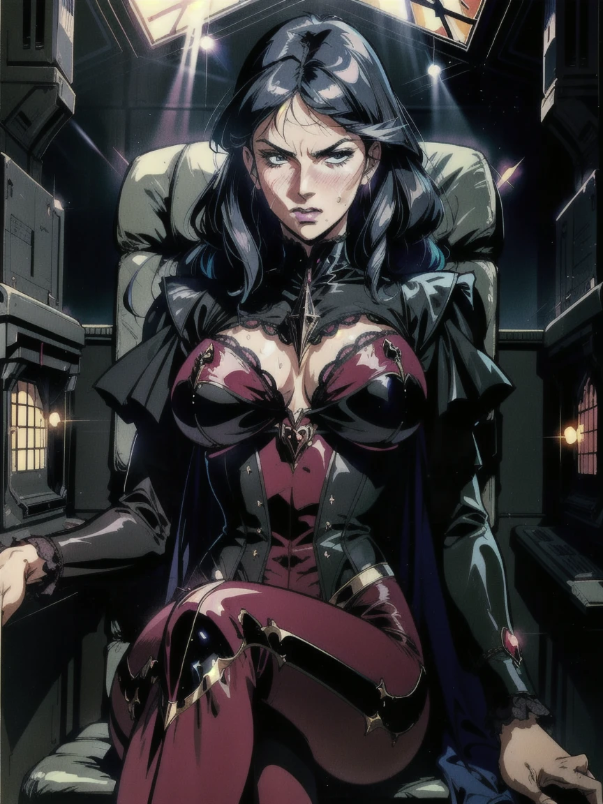 ((((retro anime)) of a gothic vampire piloting a gothic ruby mech)), (from below), close-up, (fisheye), ((gothic (control panels) everywhere)), ((mature)), ((vampiric)), (iridescent bodysuit), lace accessories, dark big lips, ((baroque pilot seat)), ((leaning back sitting pose)), ((elegant)), (((serious tone))), futuristic, top spacecraft control panel, ((dark place)), ((low-light)), intricate control panel details, 1990s (style),  [blushing], sweat, masterpiece, claustrophobic, sparkles, limited colors